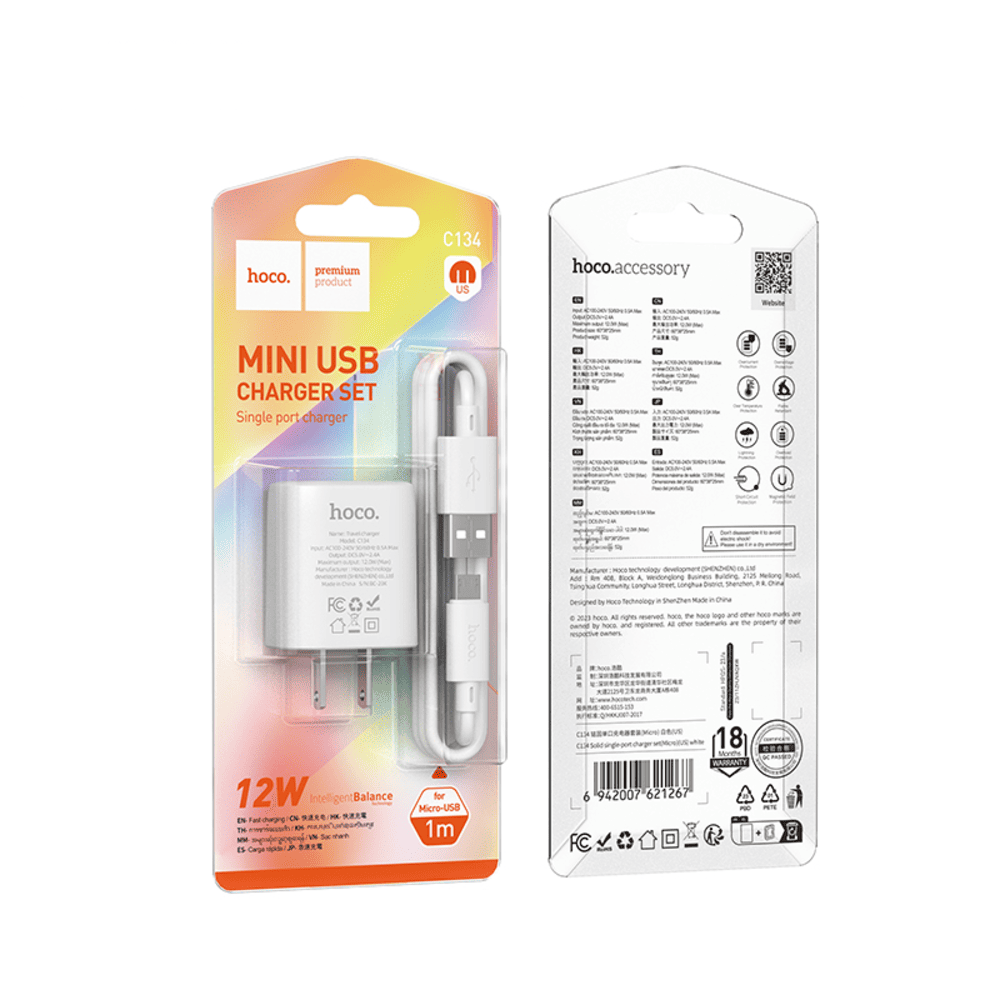Cargador Hoco C134 Solid Cable Micro USB V8 12W Blanco