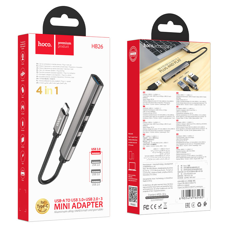 Hub AdaptadorHoco HB26 4 en 1 Tipo-C a USB 3.0 2.0 Gris