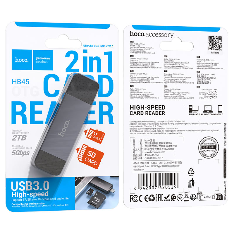 Lector Tarjetas Hoco HB45 Spirit USB Tipo-C 2.0 MetalGris