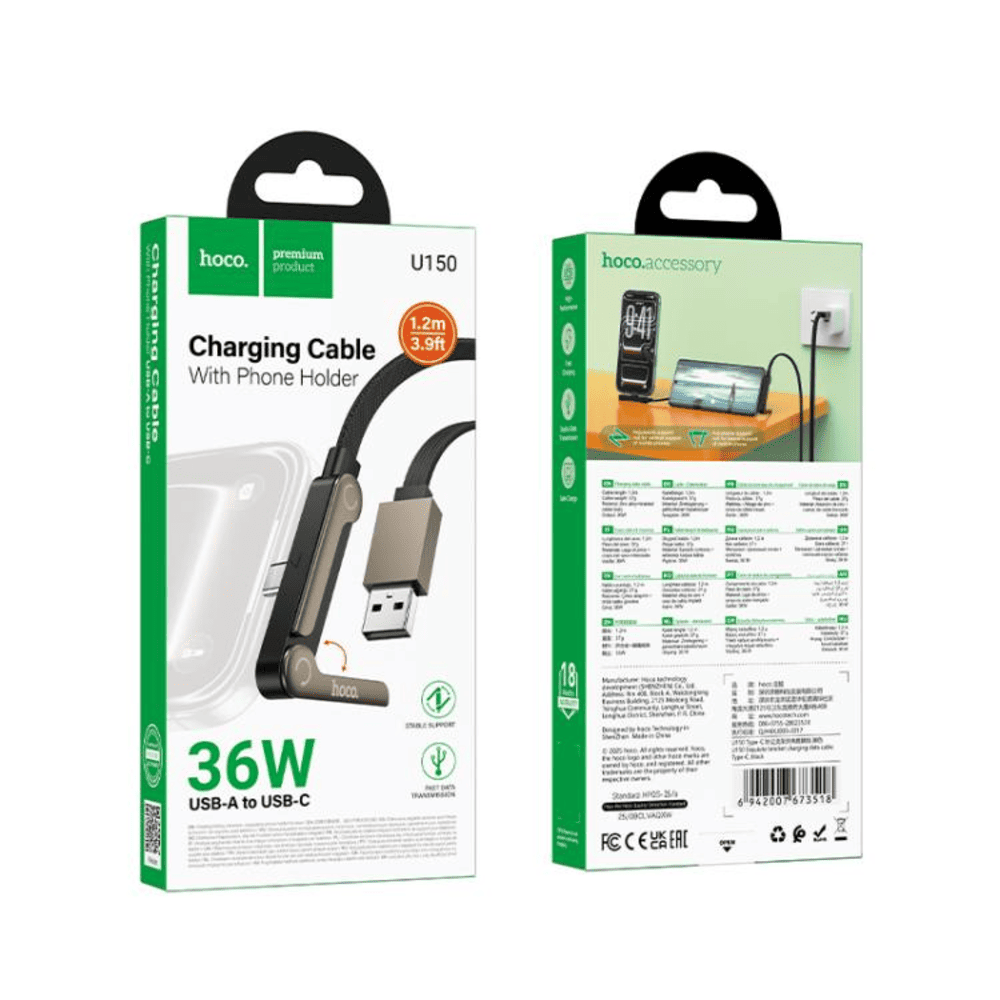 Cable Hoco U150 Exquisite Soporte USB a Tipo-C Datos Negro