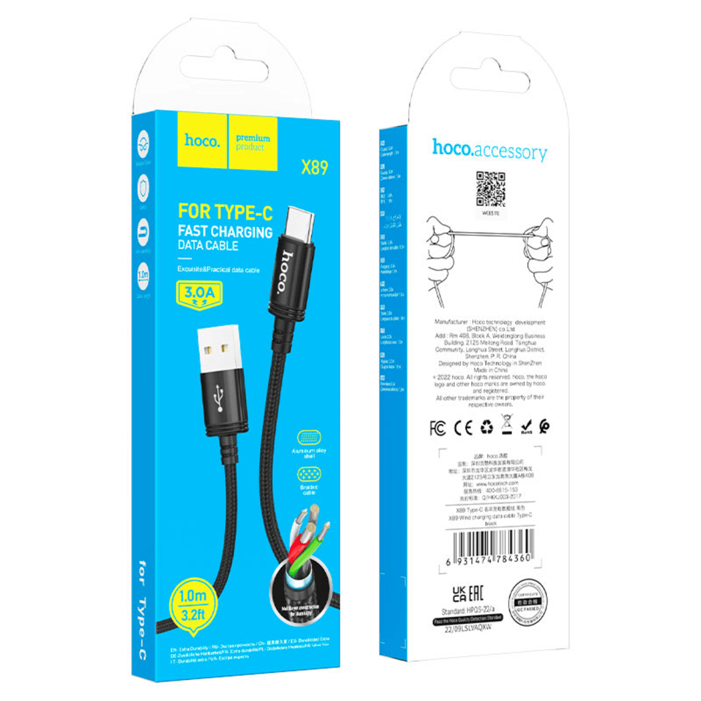 Cable de USB a USB-C Hoco X89 1M Negro de 3A