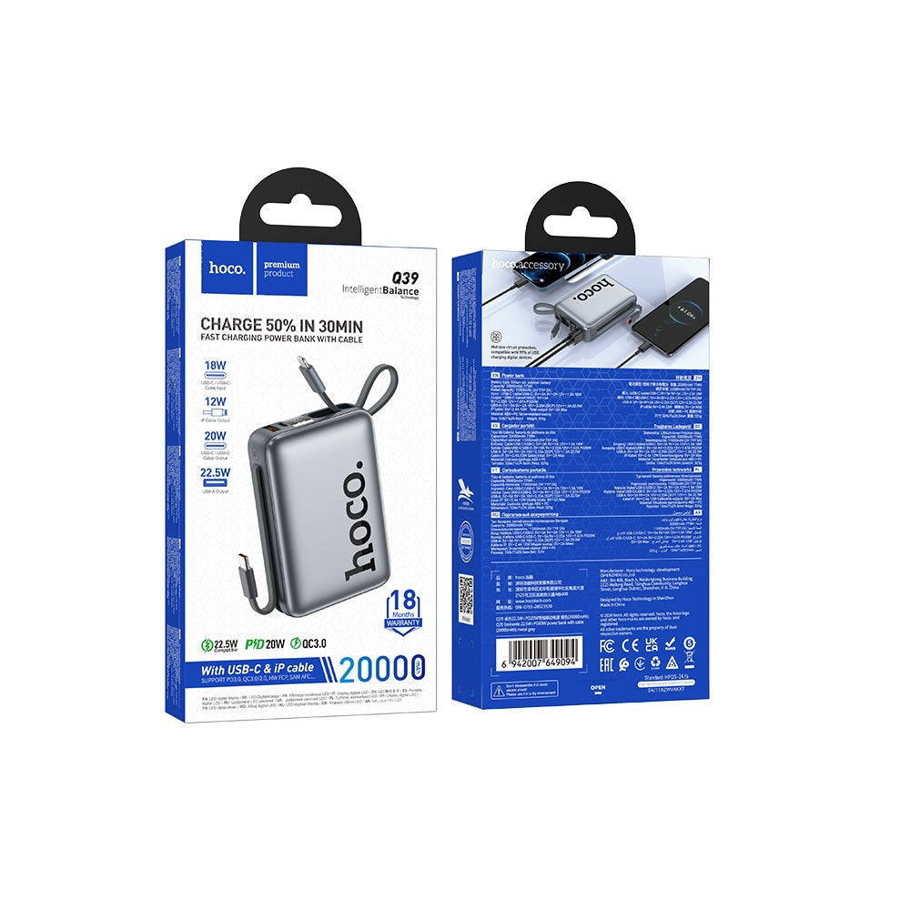 Power Bank 20000mAh Hoco Q39 Eminente Con Cable 22.5WNegro