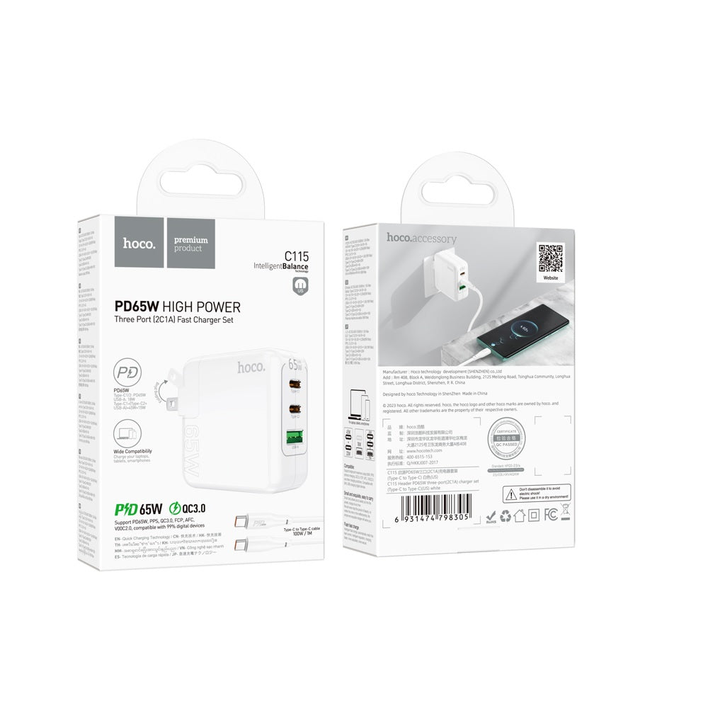 Cargador Carga Rapida 65W USB Type C Laptop Celular HOCO C115