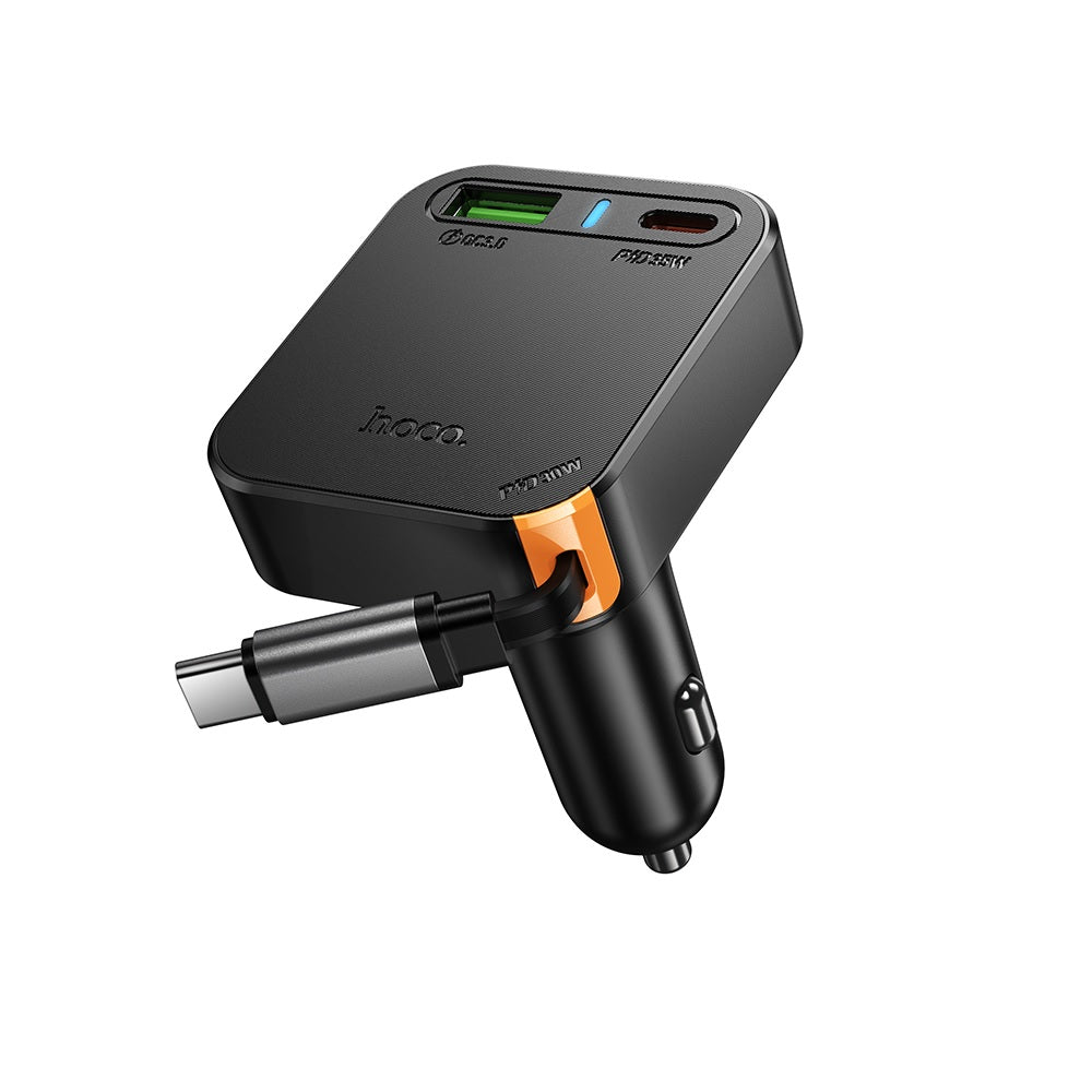 Cargador para auto Hoco NZ18 Cable Retractil PD65W Negro
