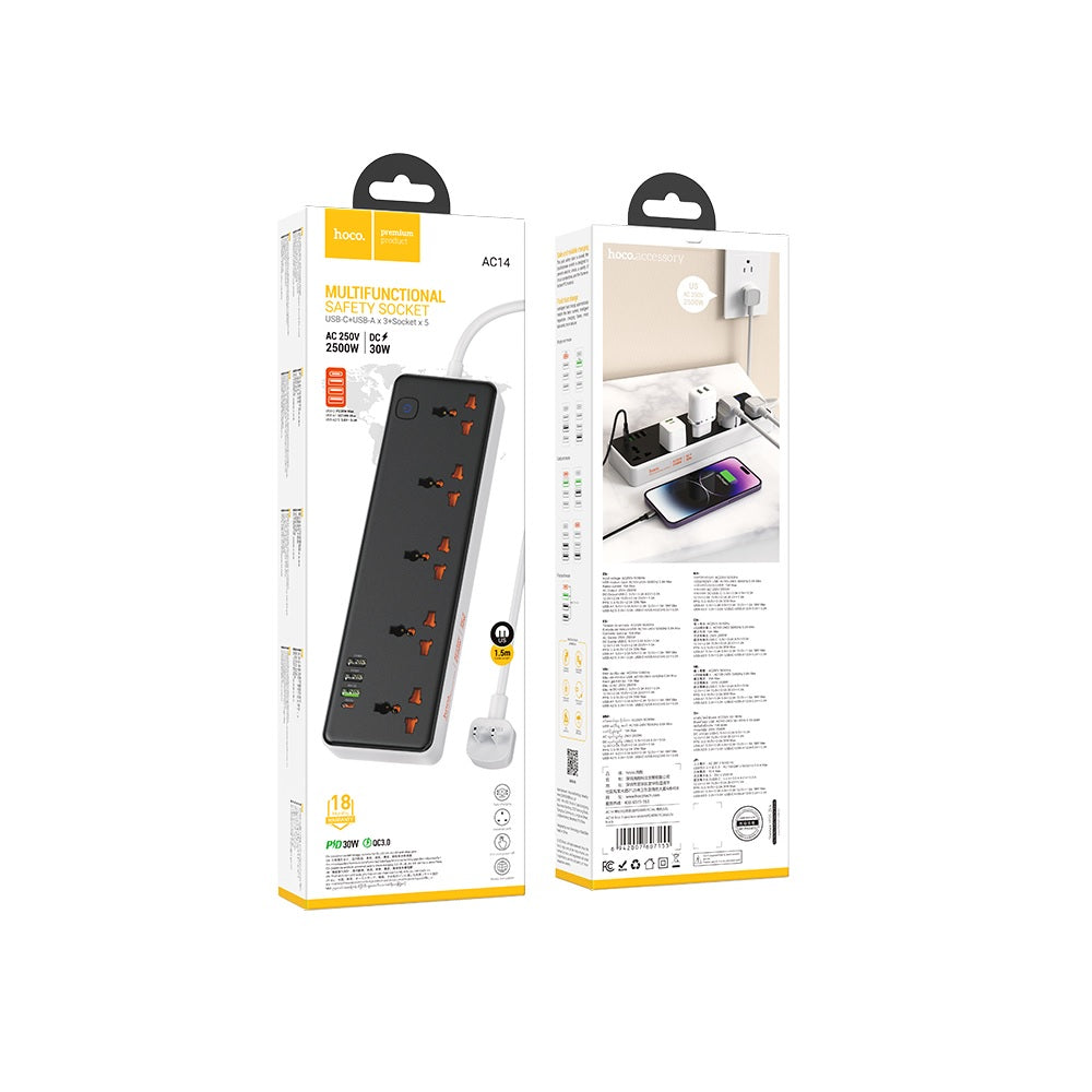 Multicontacto De Pared RICO de 5 entradas Hoco AC14 Negro