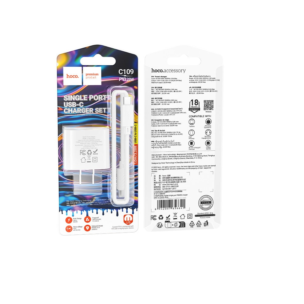 Cargador Hoco C109 PD20W Cable Tipo C a Tipo C Blanco