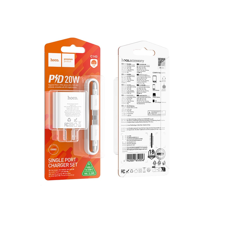 Cargador Hoco C143 PD20W Cable Tipo C a Tipo C Blanco
