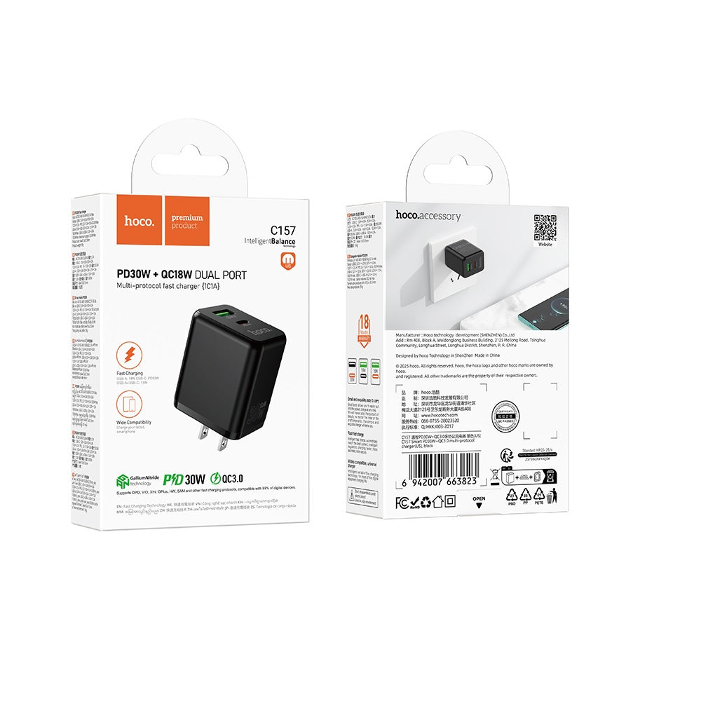 Cargador Hoco C157 Smart Carga Rapida Dual PD30W QC3.0 Negro