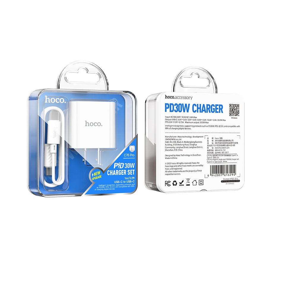 Cargador Hoco C76 Pro Majestic PD30W + Cable Tipo C a Tipo C Blanco