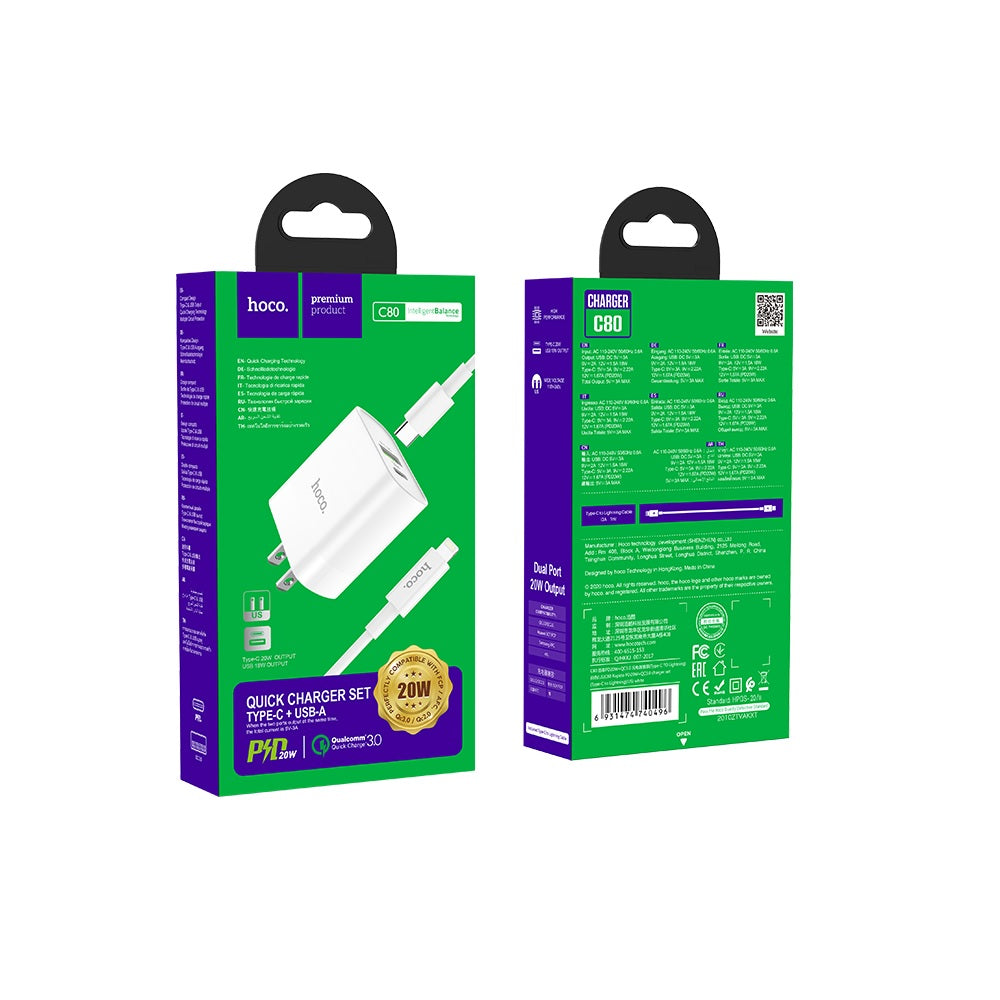 Cargador Cable Hoco C80 Tipo C a IP PD20W Rápida Blanco