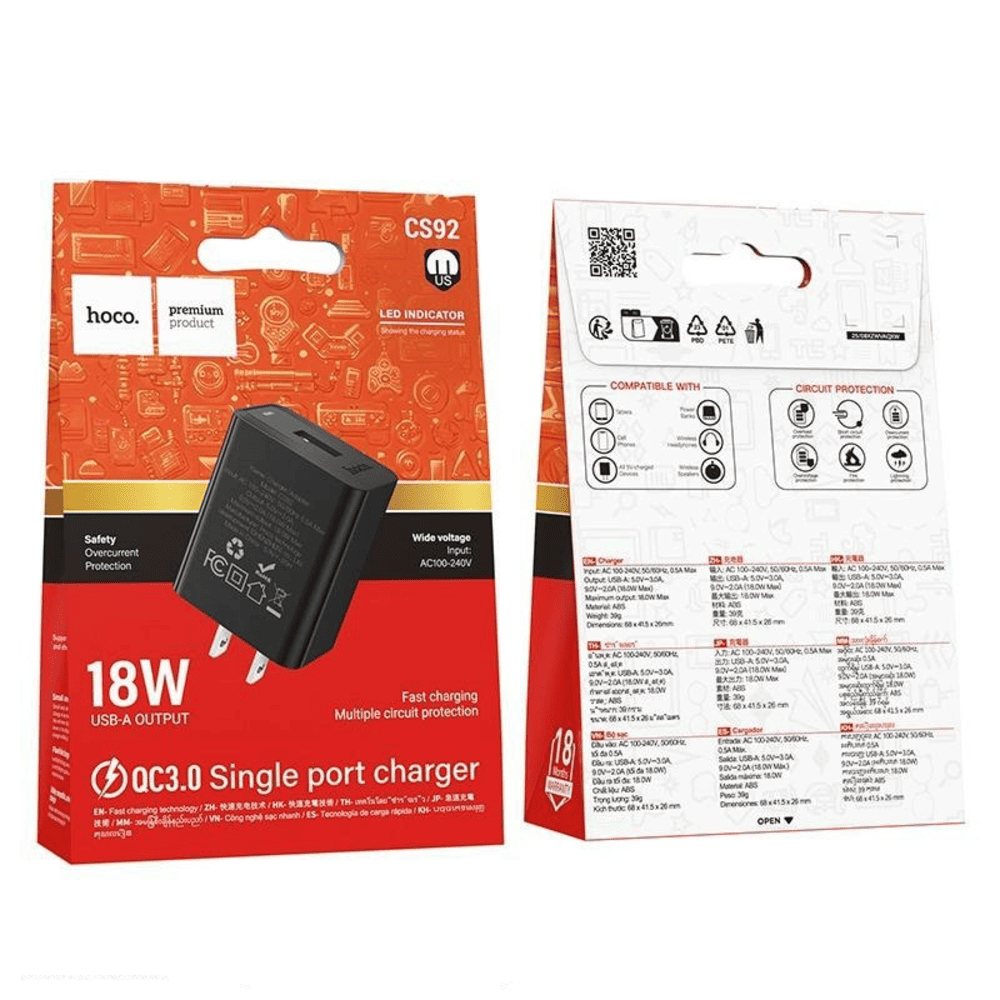 Cargador Pared Hoco CS92 Carga Rapida QC3.0 Dado Negro