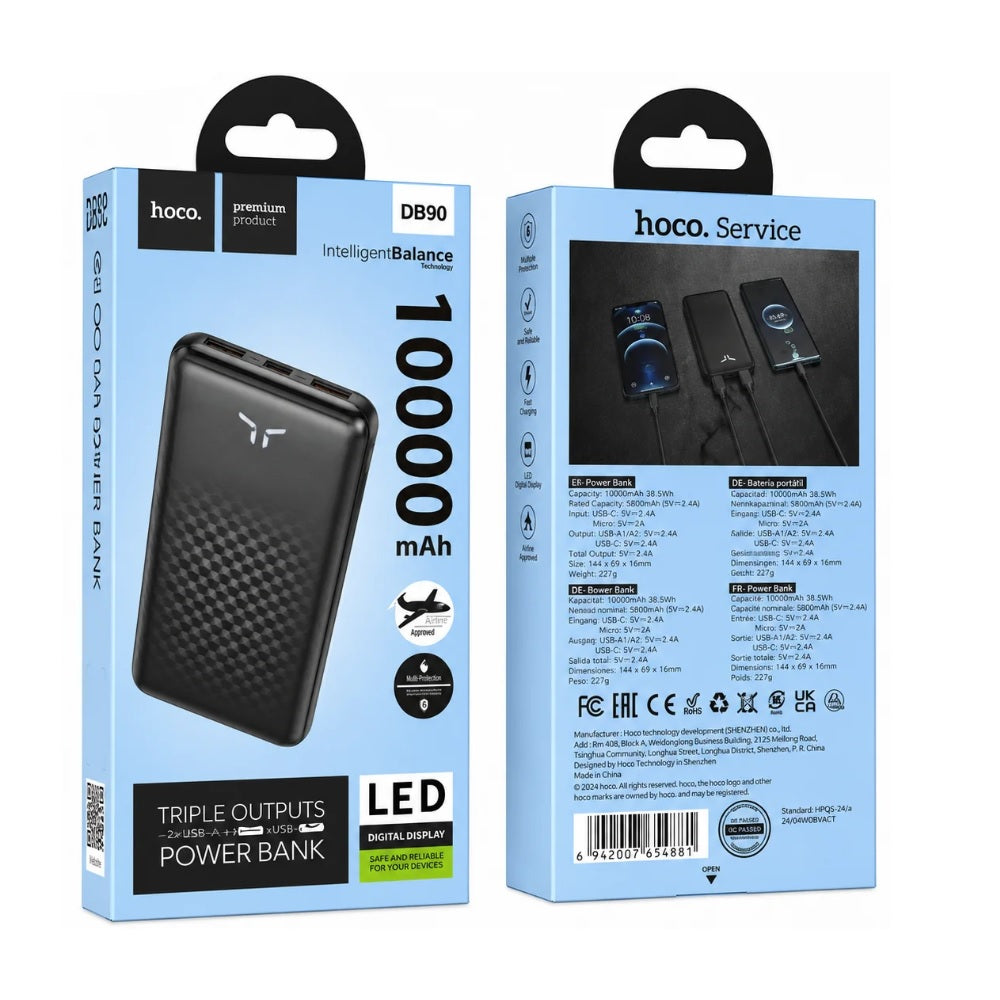 Power Bank 10000mAh Hoco DB90 Carga Rapida Negro