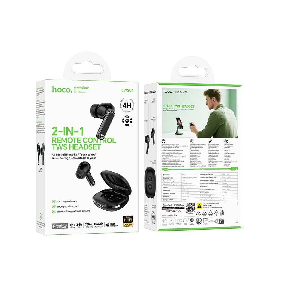 Audífonos Inalambricos Hoco EW204  Bluetooth Control Negro