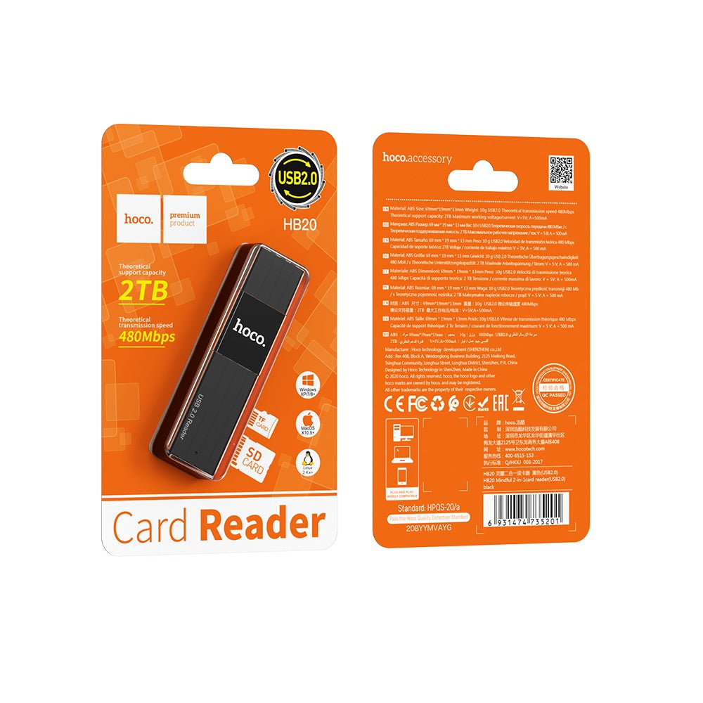 Lector Tarjetas SD TF USB 2.0 Hoco HB20 2en1 Negro