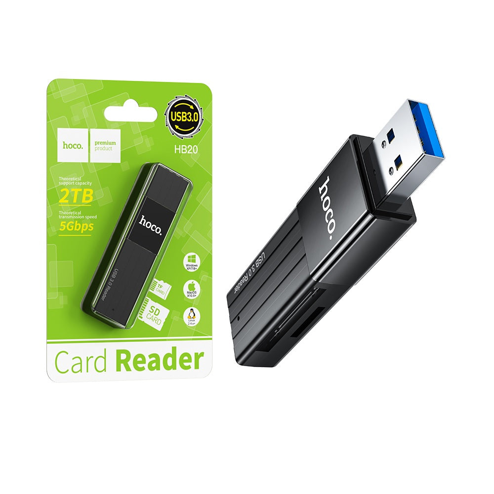 Lector Tarjetas SD TF USB 3.0 5Gbps Hoco HB20 2en1 Negro
