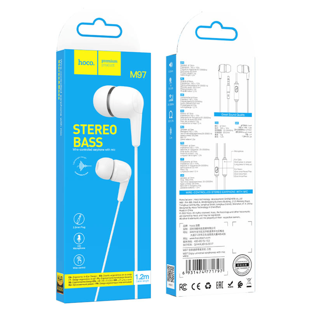 Audífono con Micrófono Hoco M97 Alámbrico 1,2m Blanco