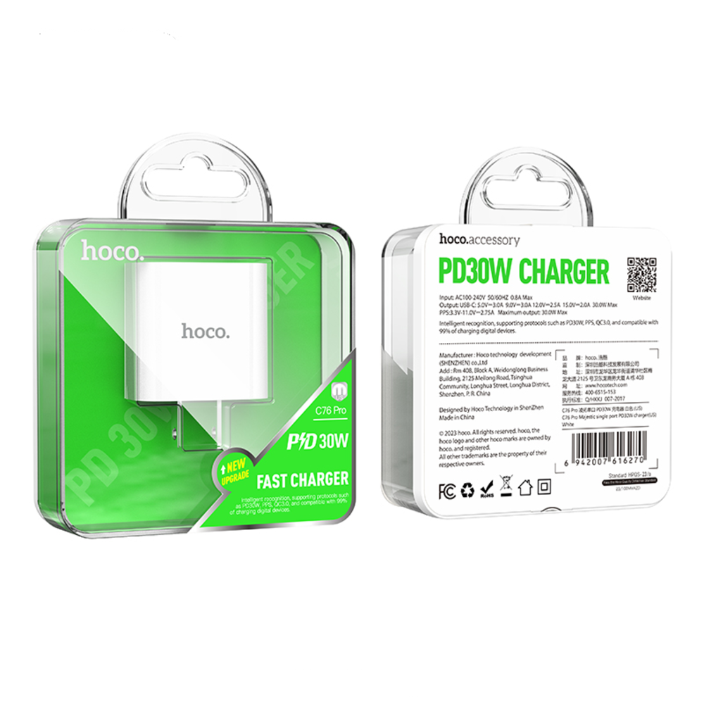 Cargador Hoco C76 Pro Majestic Tipo C Carga Rapida PD30W Blanco