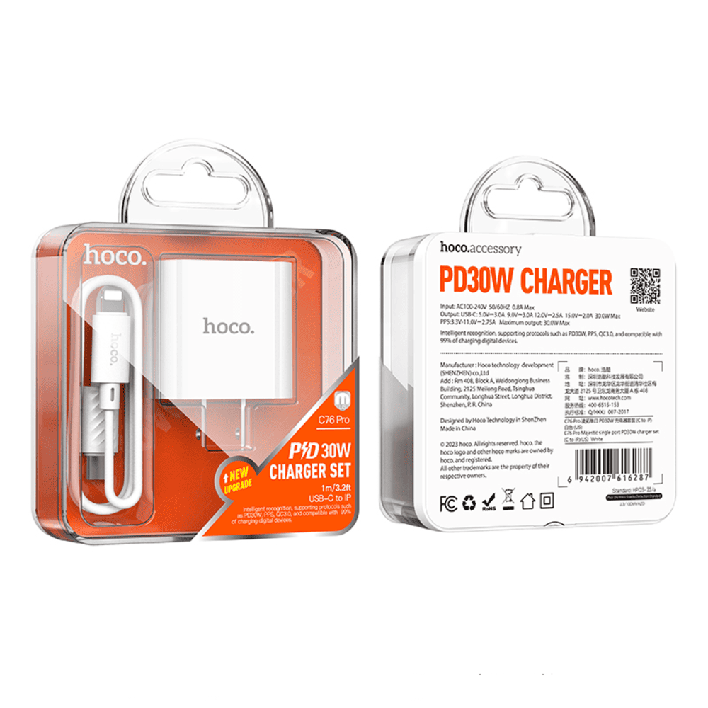 Cargador Hoco C76 Pro PD30W Cable Tipo C a iP Blanco