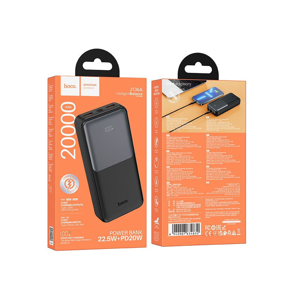 Power Bank 20000mAh Hoco J136A PD20W 22.5W Negro