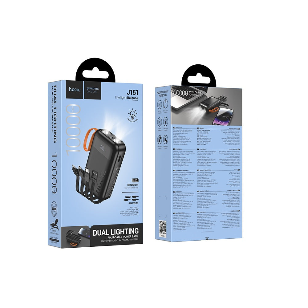 Power Bank 10000mAh Hoco J151 Spirit 4 Cables Linterna Negro