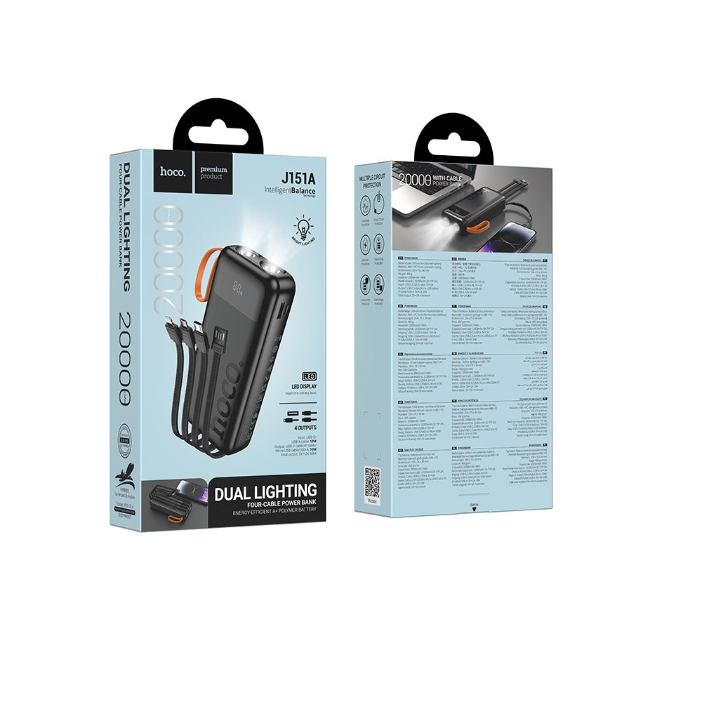 Power Bank 20000mAh Hoco J151A Spirit 4 Cables Linterna Negro