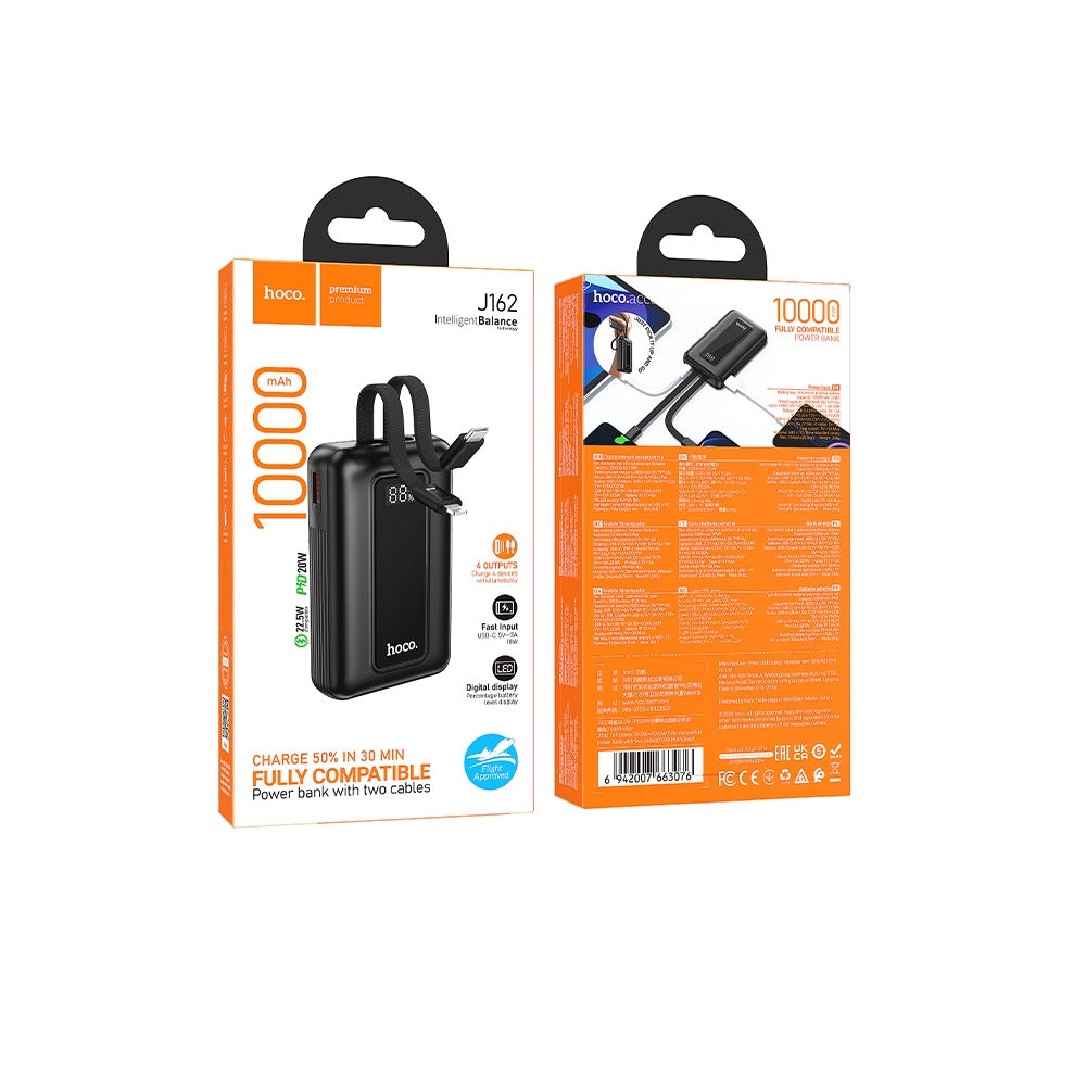 Power Bank 10000mAh Hoco J162 Full Power 2 Cables 22.5W Negro