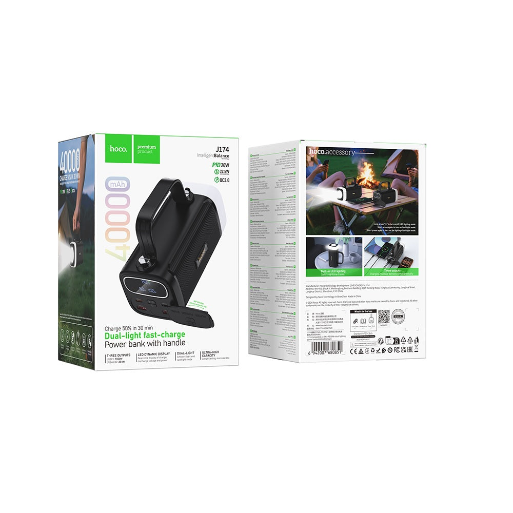 Power Bank 40000mAh Hoco J174 PD20W 22.5W Linterna Negro