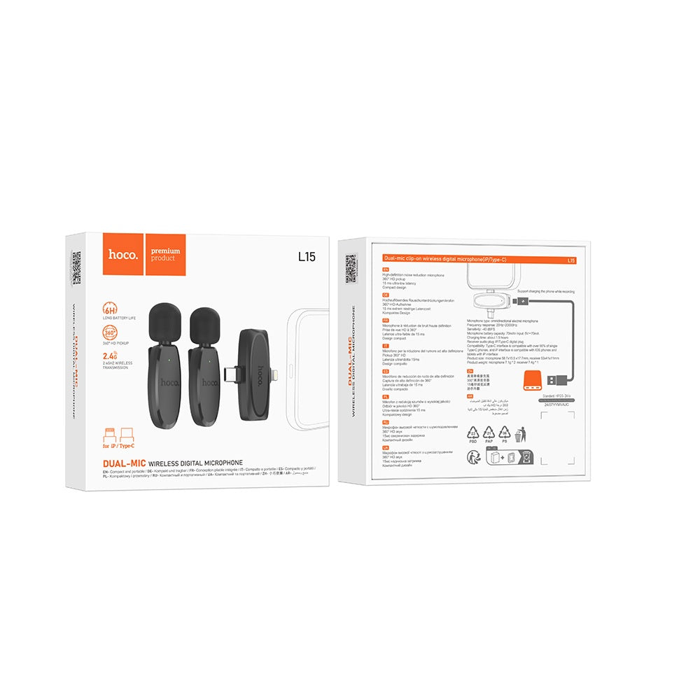 Microfono Dual 2 en 1 Tipo C + IP Inalambrico Hoco L15 Negro