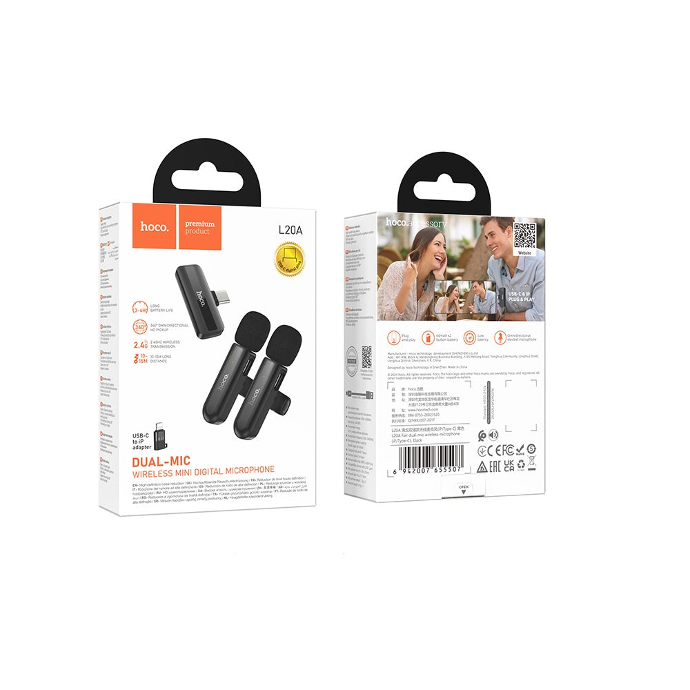 Microfono Dual 2 en 1 Tipo C + IP Inalambrico Hoco L20A Negro