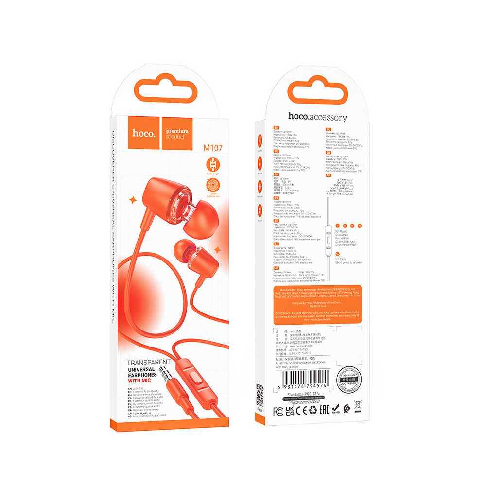 Audífono con Micrófono Hoco M107 Alámbrico Jack 3.5mm Naranja