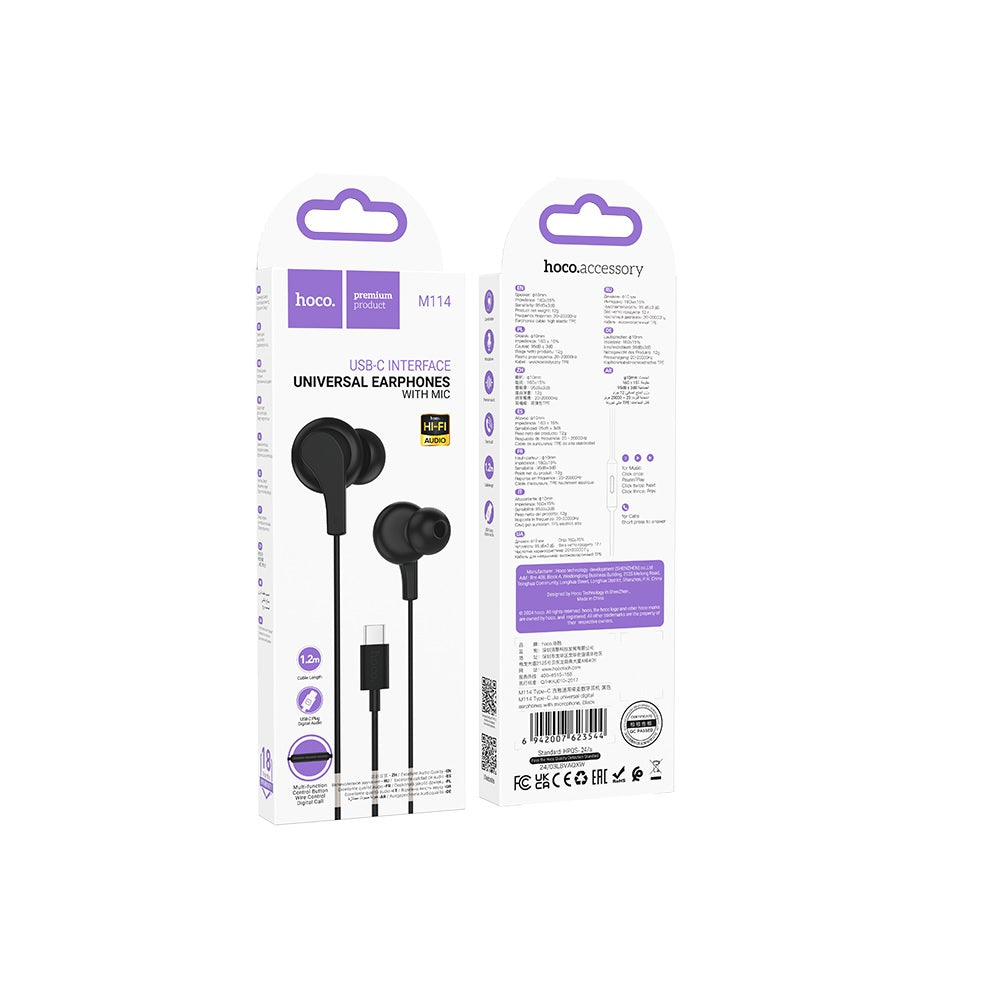Audífono con Micrófono Hoco M114 Alámbrico Tipo C Negro