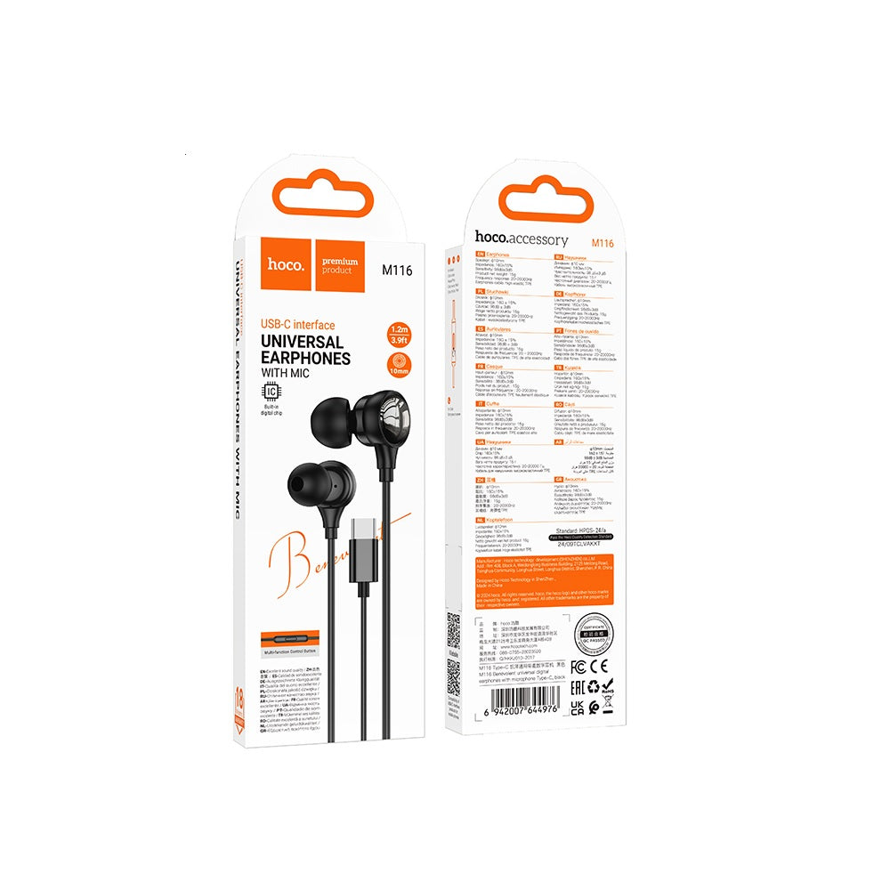 Audífono con Micrófono Hoco M116 Alámbrico Tipo C Negro