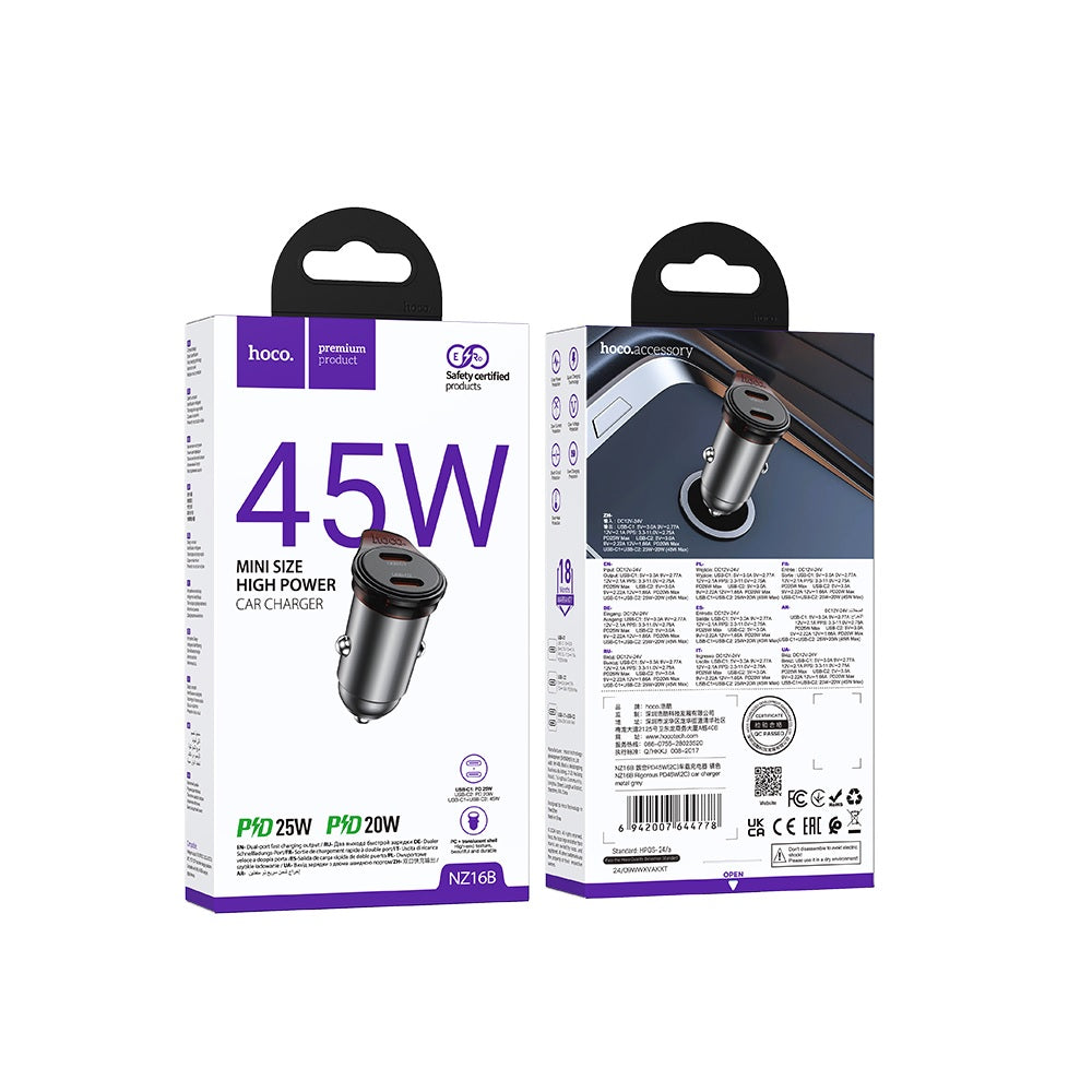 Cargador para auto Hoco NZ16B PD45W Doble Puerto Tipo C Gris