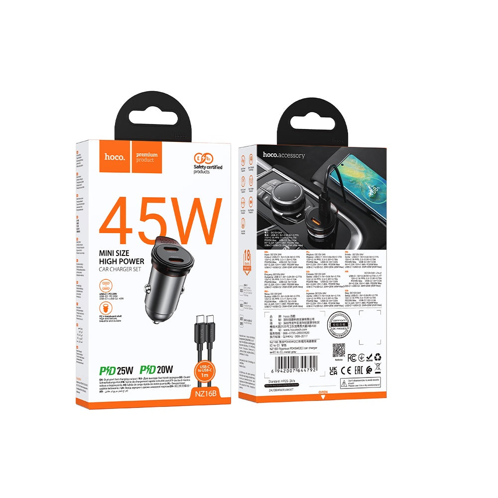 Cargador para auto Hoco NZ16B PD45W Cable Tipo C a C Gris