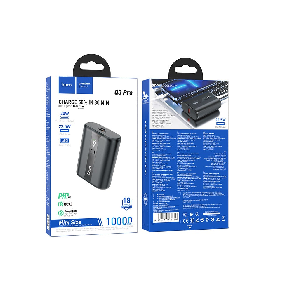 Power Bank 10000mAh Hoco Q3 Pro Carga Rapida 22.5W Negro