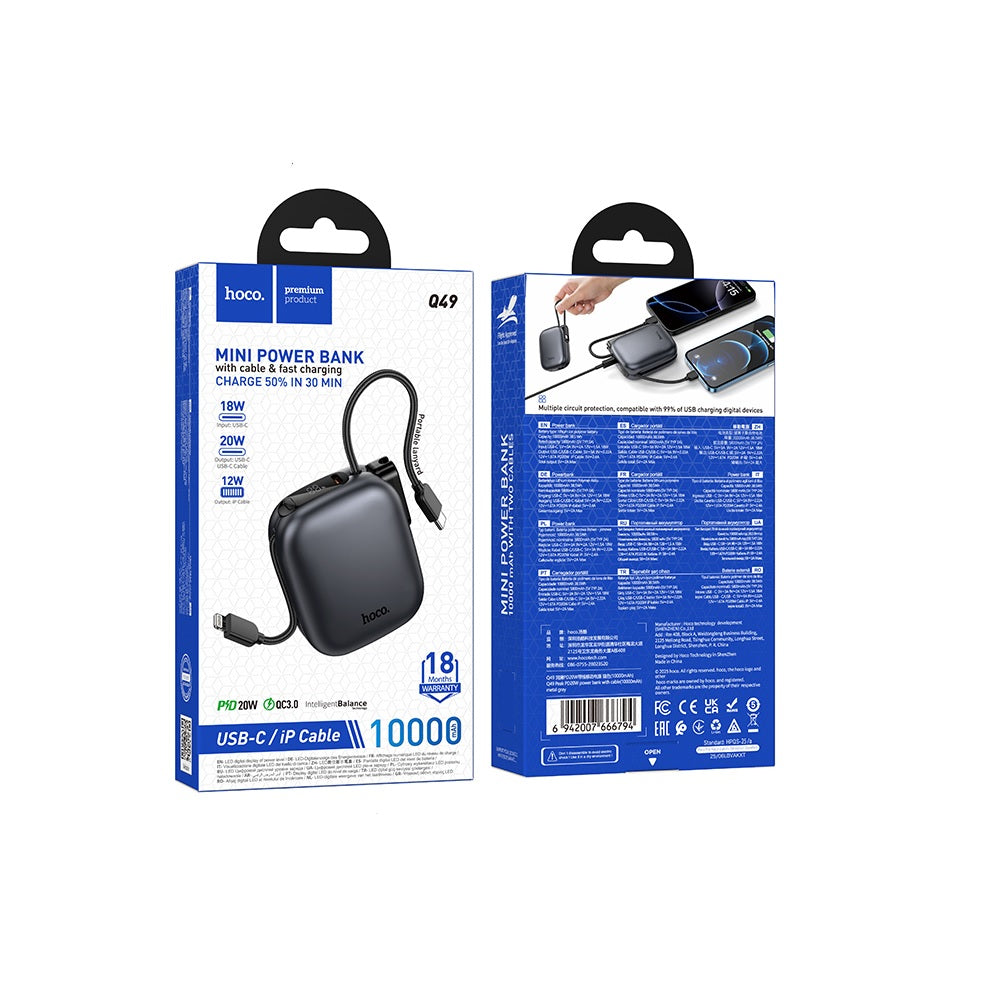 Power Bank 10000mAh Hoco Q49 Peak Con Cable PD20W Metal Gris