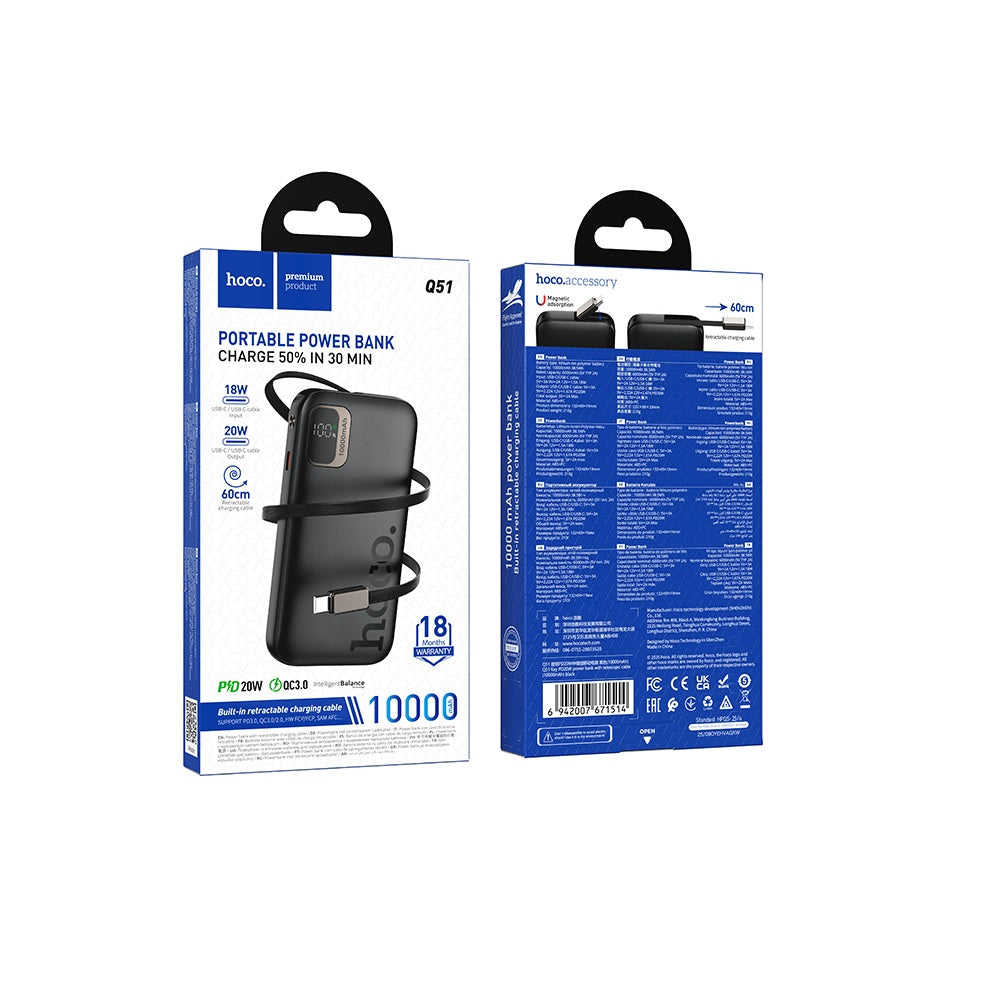 Power Bank Cable Retractil 10000mAh Hoco Q51 PD20W Negro