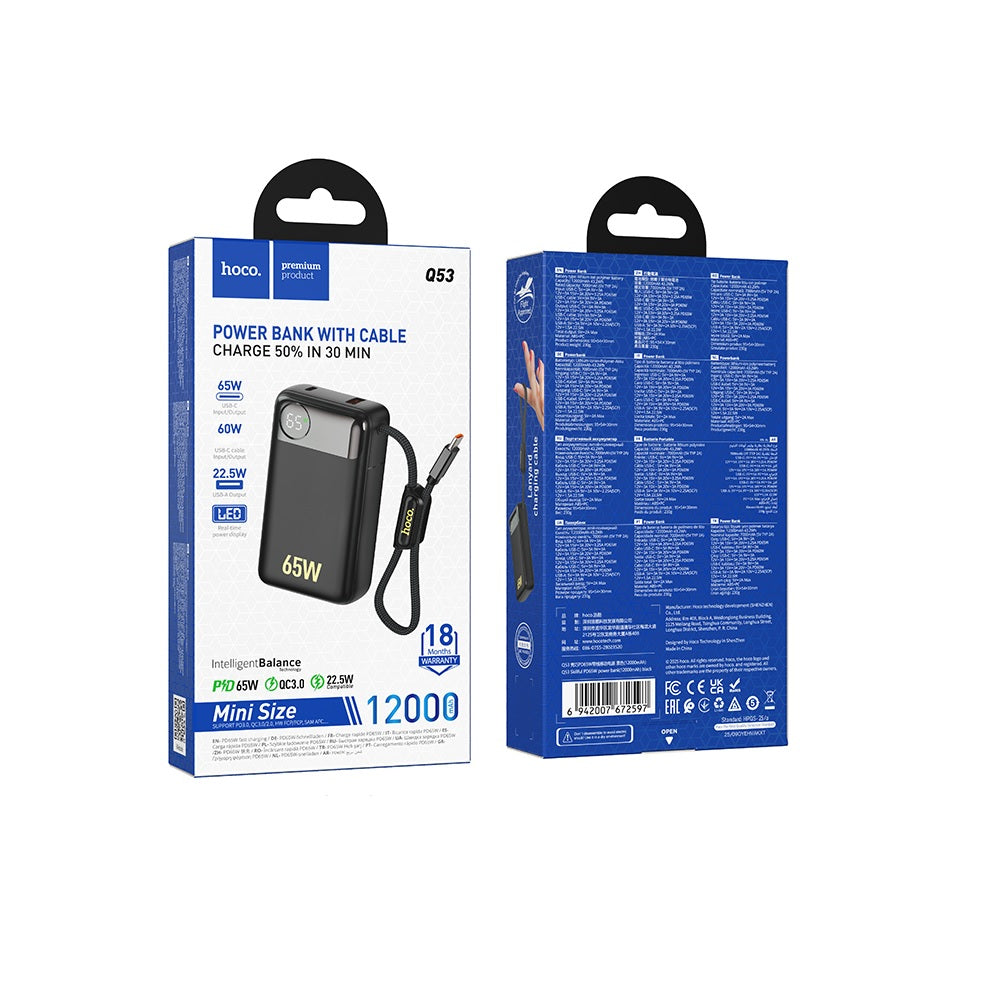 Power Bank 12000mAh Hoco Q53 PD65W Carga Rapida Negro