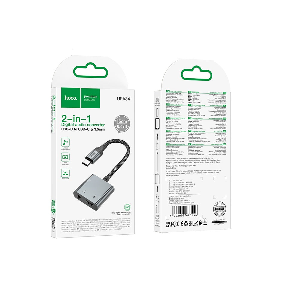 Adaptador Audio  Hoco UPA34 Tipo C a Tipo C + 3.5mm Negro