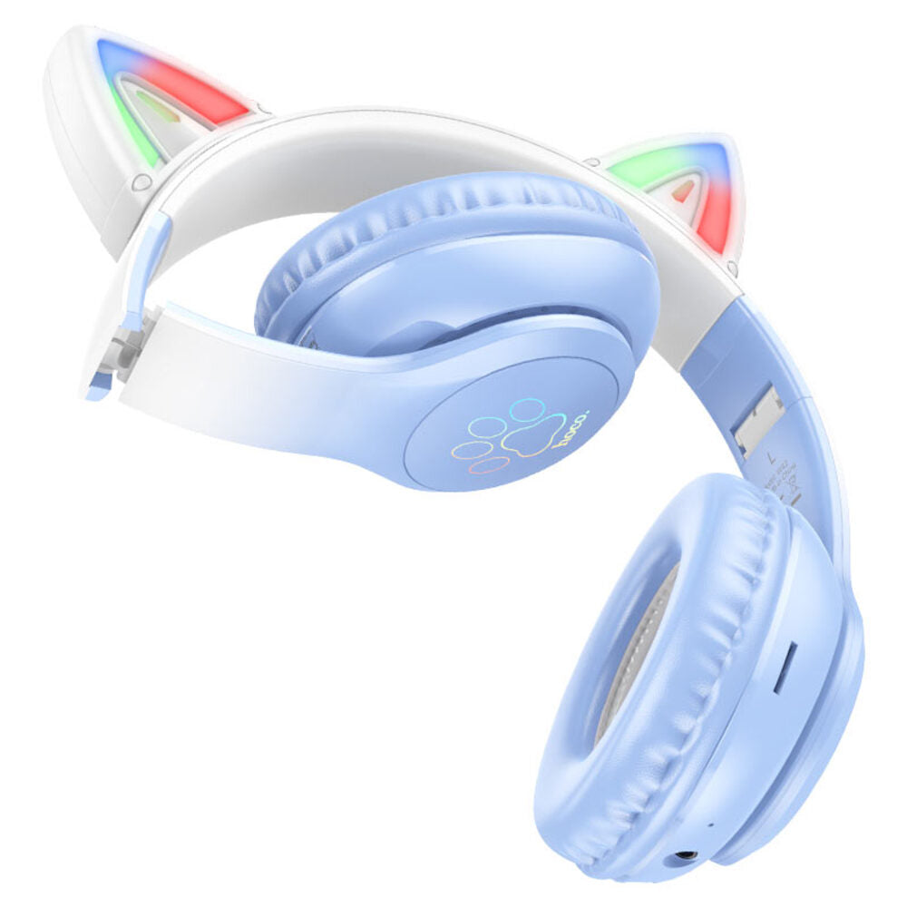 Audifonos Bluetooth Hoco W42 Orejas Gato Diadema Con Luces Celeste