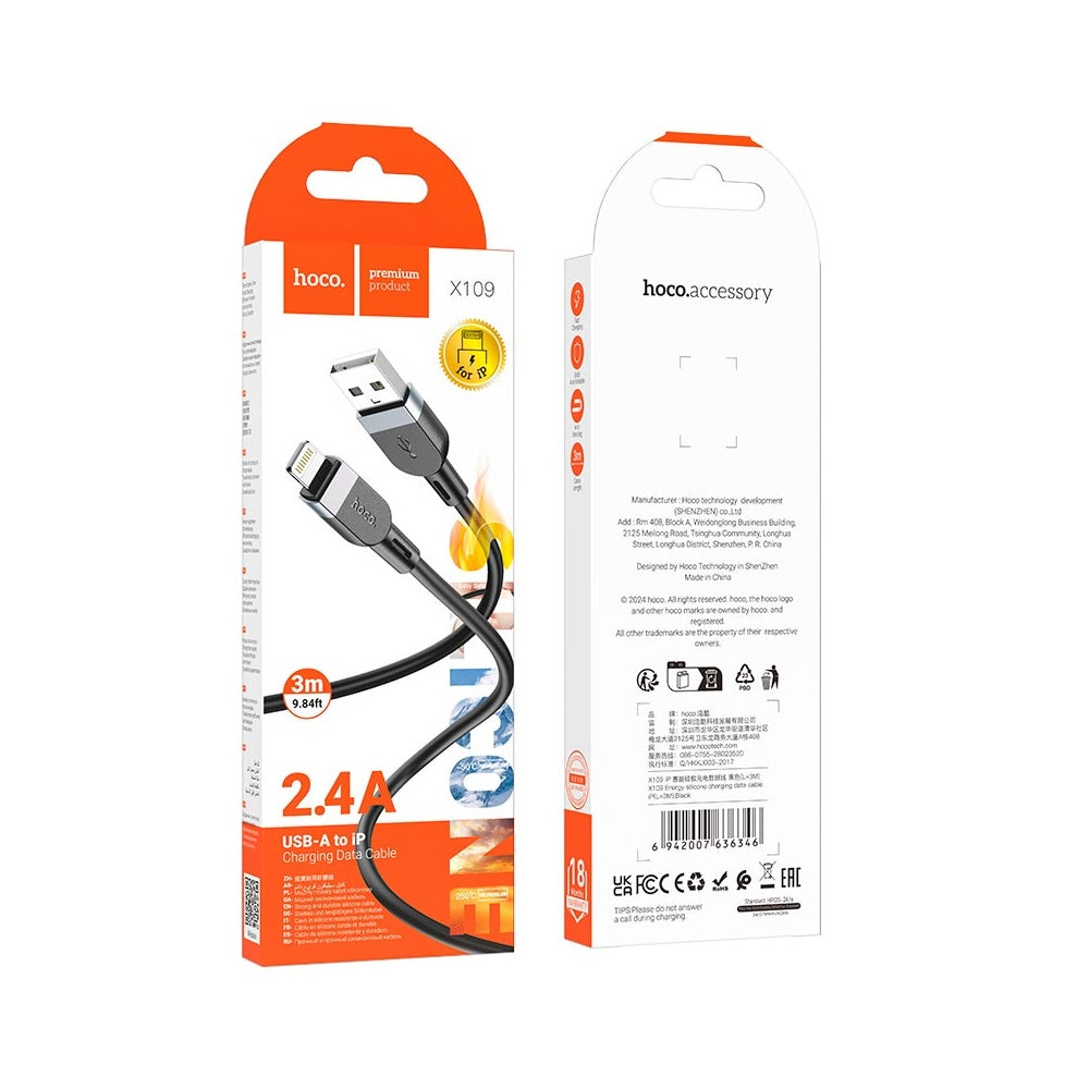 Cable Hoco X109 Energy Silicona USB a iP 3m Negro
