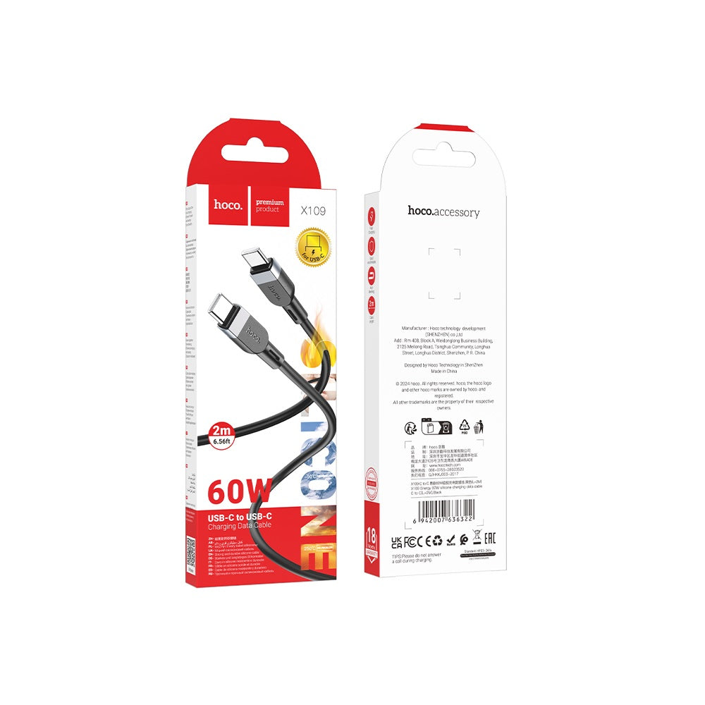 Cable Hoco X109 Energy Silicona Tipo-C a Tipo-C 60W 2m Negro