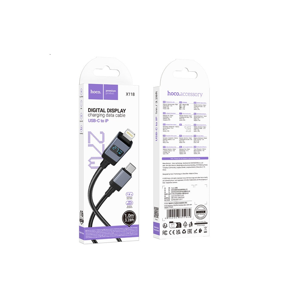 Cable Hoco X118 Generous Tipo-C a iP PD 27W Con Pantalla Negro