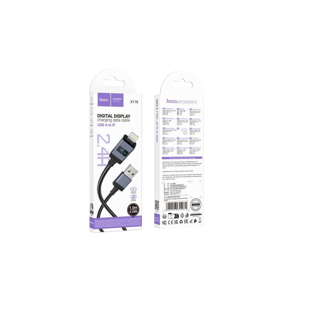 Cable Hoco X118 Generous USB a iP Con Pantalla Negro