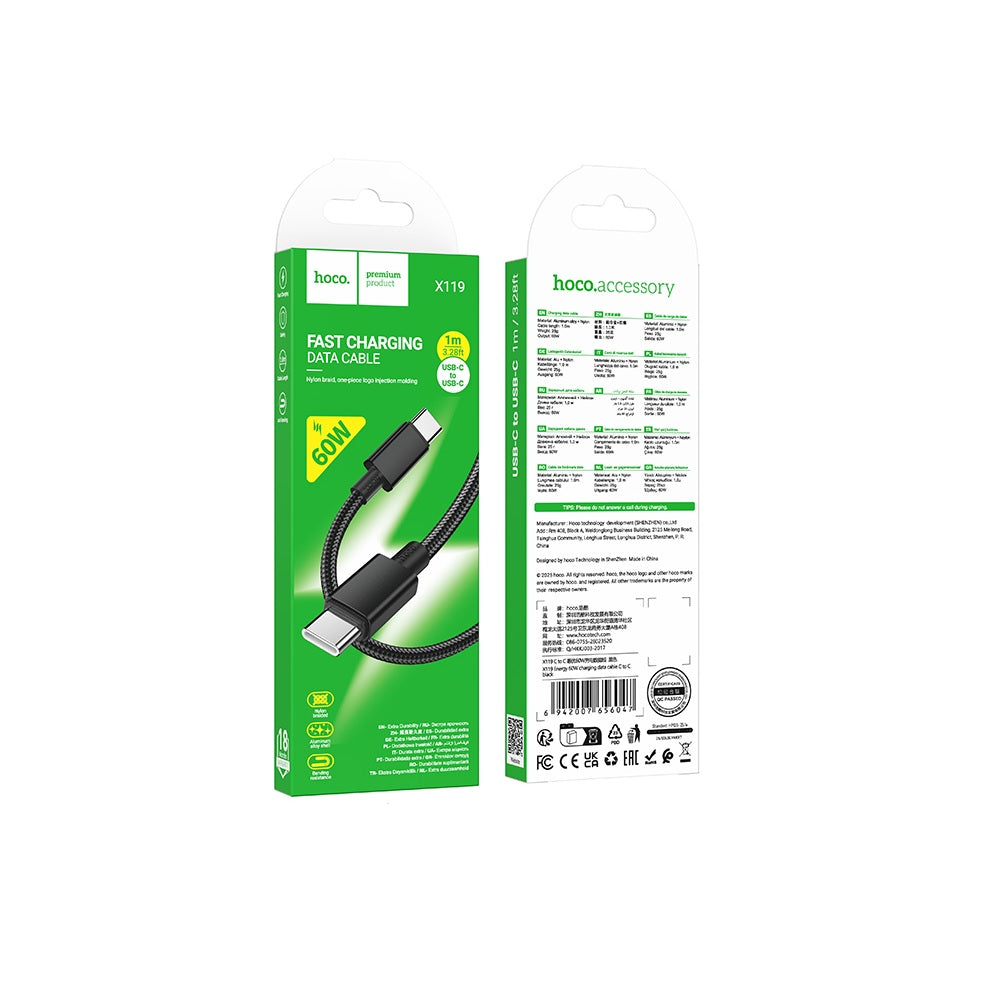 Cable Hoco X119 Energy Tipo-C a Tipo-C 60W Negro