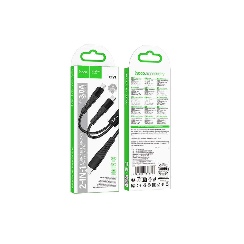 Cable Hoco X123 Victory 2 en 1 Tipo-C a Doble Tipo-C Negro