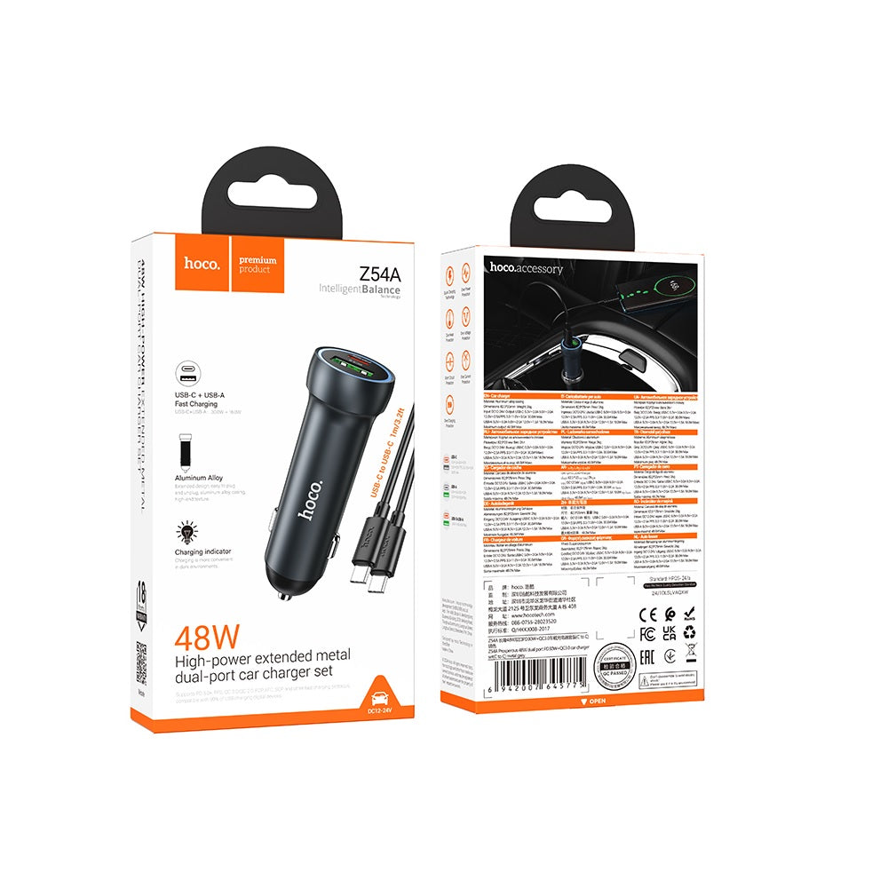 Cargador para auto Hoco Z54A 48W PD30W Cable Tipo C a C Negro