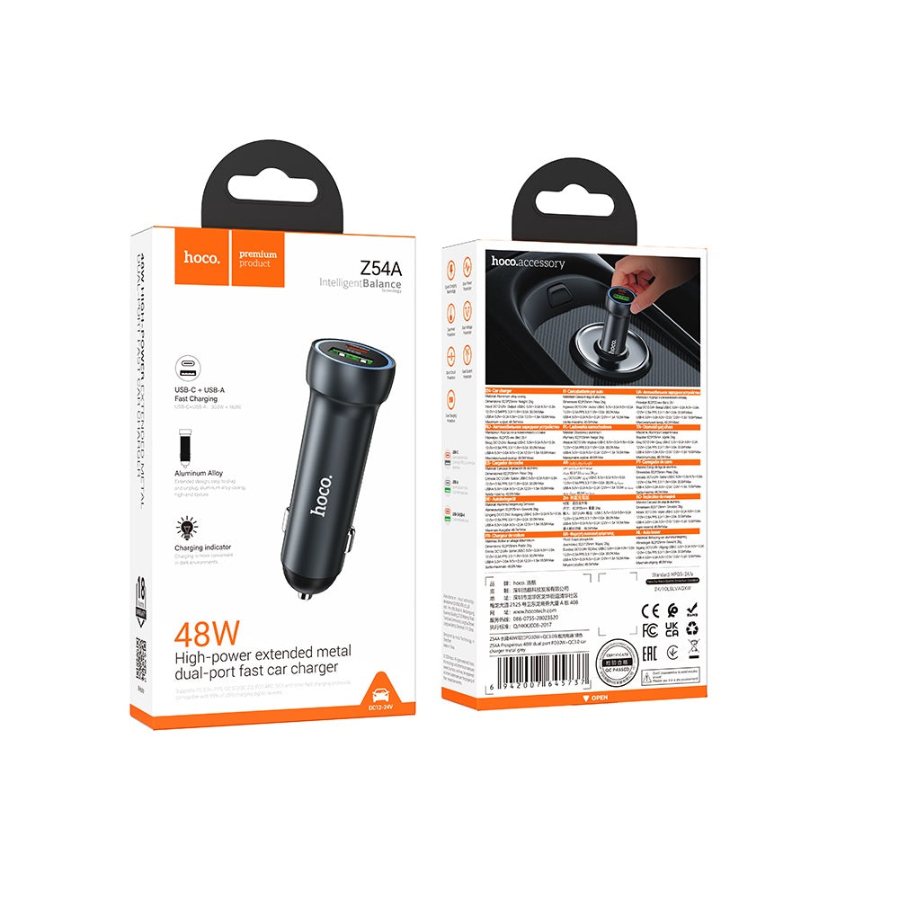 Cargador para auto Hoco Z54A 48W PD30W Carga Rapida Dual Negro