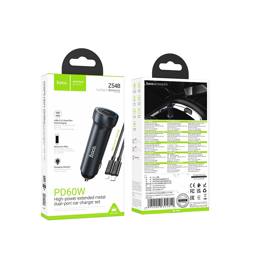 Cargador para auto Hoco Z54B PD60W Cable Tipo C a iP Gris