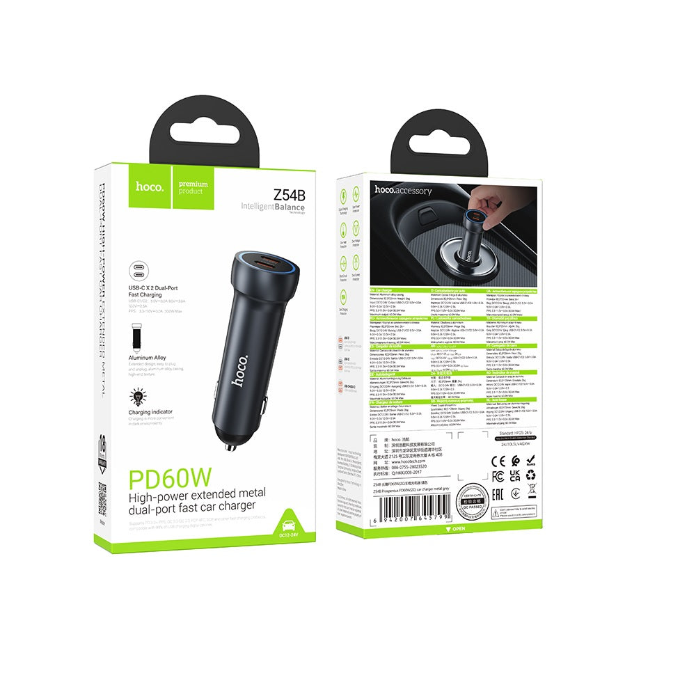 Cargador para auto Hoco Z54B PD60W Doble Puerto Tipo C Gris